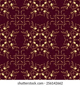 Seamless floral pattern in yellow shades on burgundy background