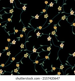 Seamless floral pattern with yellow small flowers and intertwining stems with leaves on a black background. Vector illustration