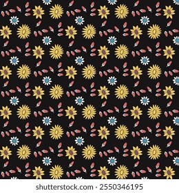 Seamless Floral Pattern with Yellow Sunflowers and Daisy Accents on Black Background. White Flower Pattern Seamless Decorative Design.