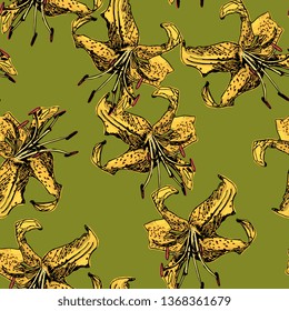 Seamless floral pattern with yellow tiger lily flowers. Hand drawn art.