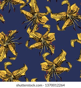 Seamless floral pattern with yellow tiger lily flowers. Hand drawn art.