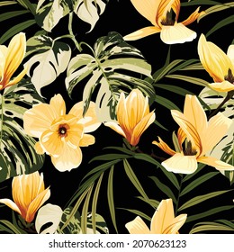 Seamless floral pattern with yellow tropical magnolia flowers with palm leaves on black background. Template design for textiles, interior, clothes, wallpaper. Botanical art. Engraving style.