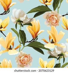 Seamless floral pattern with yellow tropical magnolia, peony, roses flowers with leaves on blue background. Template design for textiles, interior, clothes, wallpaper. Botanical art. Engraving style.