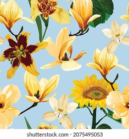 Seamless floral pattern with yellow tropical magnolia, lilies, tigridia flowers on black background. Template design for textiles, interior, clothes, wallpaper. Botanical art. 