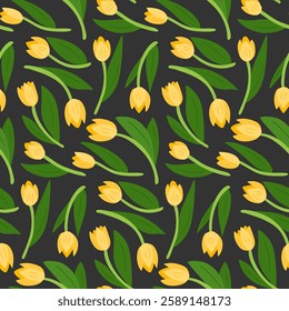 Seamless floral pattern with yellow tulips and green leaves on a dark background, designed in a modern botanical style. Vector flat illustration for textile, wrapping paper or wallpaper