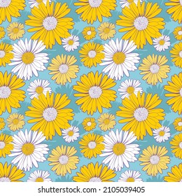 Seamless floral pattern. Yellow and white daisies flowers on a light blue background. Graphic textile texture with summer colors. Vector illustration. 