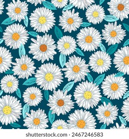 Seamless floral pattern. Yellow and white daisies flowers on a light blue background. Graphic textile texture with summer colors. Vector illustration.