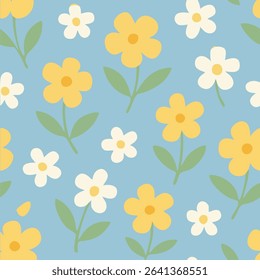 Seamless floral pattern with yellow and white flowers on light blue background. Clean and minimalist style perfect for spring and summer designs.