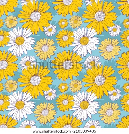 Seamless floral pattern. Yellow and white daisies flowers on a light blue background. Graphic textile texture with summer colors. Vector illustration. 