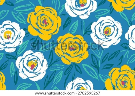 Seamless floral pattern with yellow and white hand-drawn roses and green leaves on blue background, bold artistic flower design for fabric, wallpaper, fashion and modern prints.