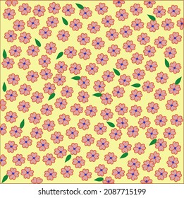 Nahtlose Blumenmuster. Gelblicher Hintergrund mit kleinen rosafarbenen Blumen und grünen Blättern. Stockillustration für den Druck auf Oberflächen und Webdesign.
