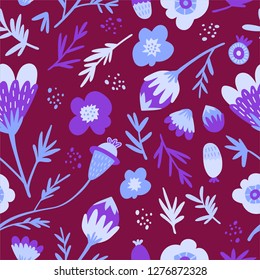 Seamless floral pattern for your design and compositions. Nice for wedding invitations, greeting cards, wrapping paper, web. Dark background. Purple, violet, blue. EPS 10.