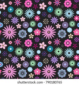 Seamless floral pattern for your print textile design. Cute flat flowers isolated on black background. Vector illustration