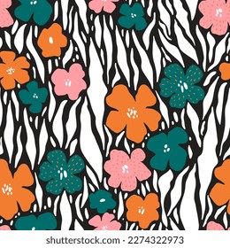 Seamless floral pattern. Zebra summer, spring background. Perfect for fabric design, wallpaper, apparel. Vector illustration