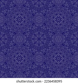 Nahtlose Blumenmuster-197. Damast-Muster, weiße Mandalas, blauer Hintergrund.
