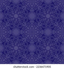 Seamless floral pattern-199. Damask style pattern, white mandalas, blue background.