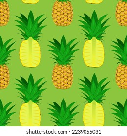 Seamless floral pattern-205, hand drawn, vector. Pineapple on green background.