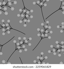 Seamless floral pattern-209, hand drawn, vector. Line art style, white flowers, grey background.