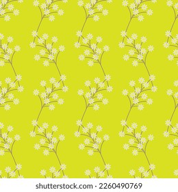 Seamless floral pattern-211, hand drawn, vector. Simple pattern, white flowers, yellow background.