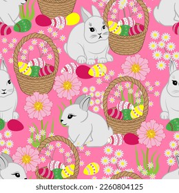 Seamless floral pattern-212, hand drawn, vector. Easter pattern, bunnies, Easter eggs, flowers, pink background.