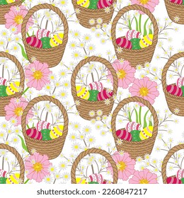 Seamless floral pattern-213, hand drawn, vector. Easter pattern, Easter eggs in the basket, flowers, white background.