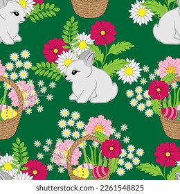 Seamless floral pattern-214, hand drawn, vector. Easter pattern, Easter eggs in the basket, bunnies, flowers, green background.