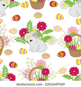 Seamless floral pattern-215, hand drawn, vector. Easter pattern, Easter eggs in the basket, bunnies, flowers, white background.