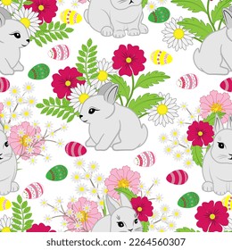 Seamless floral pattern-216, hand drawn, vector. Easter pattern, Easter eggs, bunnies, flowers, white background.