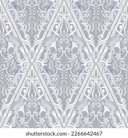 Seamless floral pattern-218, hand drawn, vector. Damask style pattern, grey and blue colours.