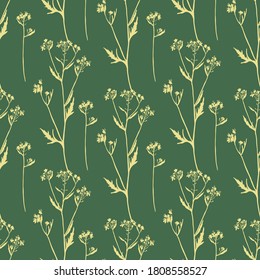 Seamless floral pattern.Contour drawing of colors. For decoration of fabric, paper, Wallpaper, covers. Yellow silhouettes of plants on a green background.The meadow flowers.