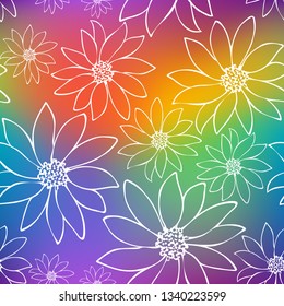 Seamless floral pattern.Contour drawing of daisies on the background of a bright rainbow. For decoration of fabric, paper, Wallpaper, covers.