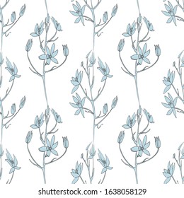 Seamless floral pattern.Floral garlands from the branches.Contour drawing of branches.Blue flowers on a white background.For finishing and decorating fabric, paper, Wallpaper.