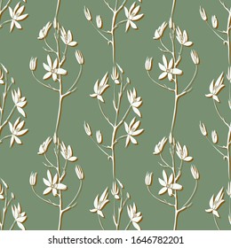 Seamless floral pattern.Flowers on branch. Flat style.For design and decor of paper fabric, packaging, Wallpaper.Layered vector file.Silhouettes of a flower branch with a shadow on a green background.