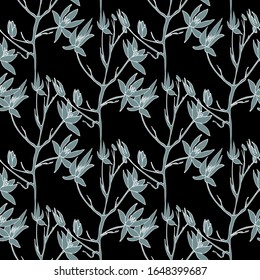 Patrón floral sin fisuras.Flores en una rama.Estilo plano.Para la decoración de papel, tela,embalaje,Papel tapiz.Archivo vectorial multicapa.Silhouettes de flores.Flores azules sobre un fondo negro.