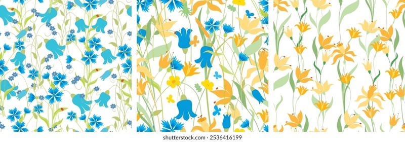 Patrones florales inconsútiles de flores silvestres amarillas azules, fondo de Vector, Fondo de pantalla, papel, materia textil, tela