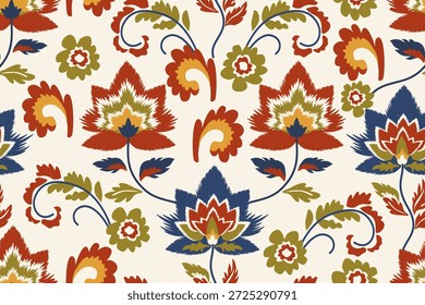 Patrones florales sin fisuras en un estilo botánico, pintados a mano utilizando la técnica Ikat, adecuados para todo tipo de textiles.	