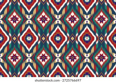 Seamless floral patterns in a botanical style, hand-painted using the Ikat technique, suitable for all types of textiles.	