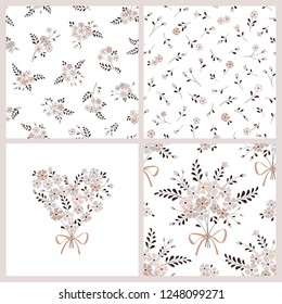 Seamless floral patterns with bouquets of small flowers and bows. Set of vector backgrounds for wallpaper, fabric, digital paper, fills, etc.
