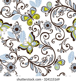 Seamless floral patterns with butterflies and hearts. Vector illustration.