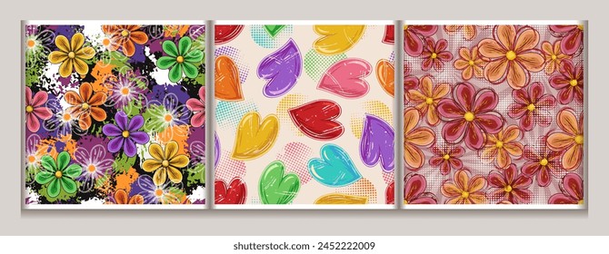 Seamless floral patterns with chamomile flowers, colorful hearts, splattered paint, halftone shapes. Groovy, hippie, naive style. Good for apparel, fabric, textile, surface design.