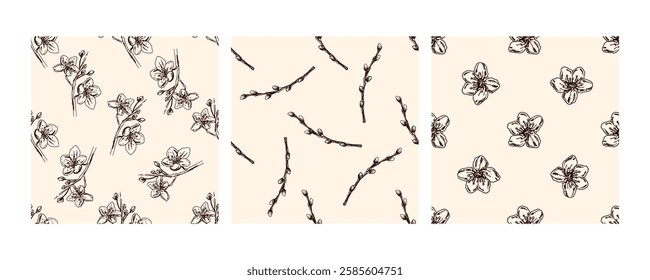 Seamless floral patterns with cherry blossoms and willow branches in brown on beige background


