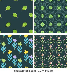 Seamless floral patterns collection on dark blue