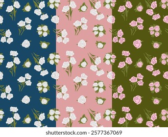 Seamless Floral Patterns. Seamless patterns featuring delicate white and pink flowers on blue, pink, and green backgrounds. Perfect for fabric design, stationery, and romantic-themed projects.