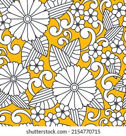 Seamless floral patterns. Flowers and leaves on yellow. Hand-drawn vector background.