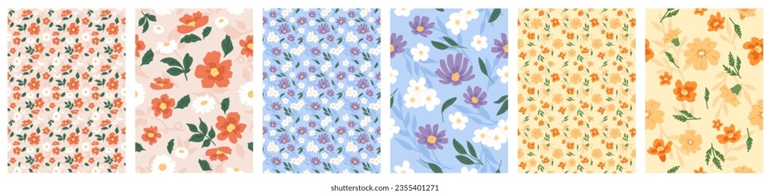 Seamless floral patterns with flowers set. Abstract summer or spring textile print ornament design. Flowers, leaves decorative retro wallpaper background flat style vector illustration collection
