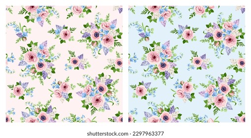 Seamless floral patterns with pink, blue, and purple lisianthus, anemone, bluebell, and lilac flowers on pink and blue backgrounds. Set of vector floral backgrounds