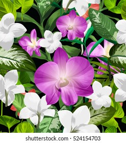 Seamless floral patterns with Plumeria pudica and orchid flower.