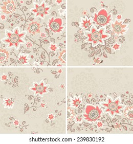 Seamless floral patterns set. Abstract textures with flowers. Vector backgrounds.