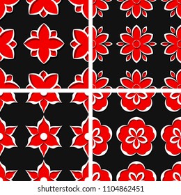 Seamless floral patterns. Set of black 3d backgrounds with red elements. Vector illustration