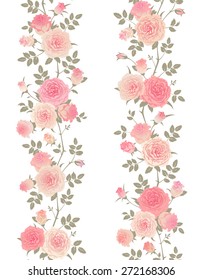 Seamless floral patterns set. Branches of english roses isolated on a white background. Vector borders with climbing roses.
